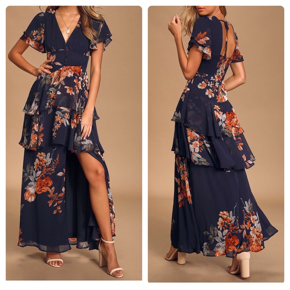 Lulu's Midnight Mood Navy Blue Floral Print Tiered Maxi Dress - size S